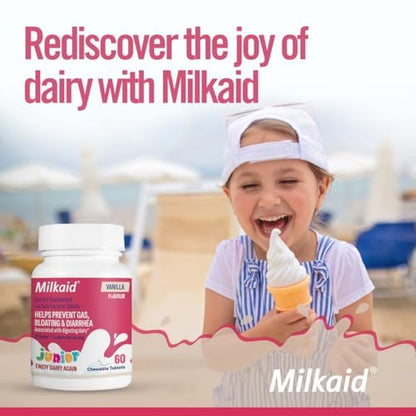 Milkaid Junior Lactase Enzym Kautabletten für Kinder bei Laktoseintoleranz | Verhindert Blähungen, Völlegefühl, Durchfall | Schnell wirkendes Milchzucker-Verdauungsergänzungsmittel für Kinder | 60 Tabletten (Vanillegeschmack)