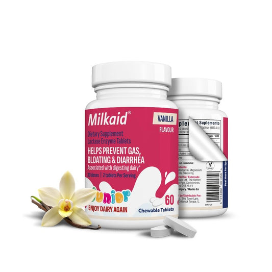 Milkaid Junior Lactase Enzym Kautabletten für Kinder bei Laktoseintoleranz | Verhindert Blähungen, Völlegefühl, Durchfall | Schnell wirkendes Milchzucker-Verdauungsergänzungsmittel für Kinder | 60 Tabletten (Vanillegeschmack)