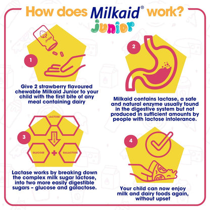 Milkaid Junior Lactase Enzym Kautabletten für Kinder bei Laktoseintoleranz | Verhindert Blähungen, Bauchschmerzen, Durchfall | Schnell wirkendes Milchzucker-Verdauungspräparat für Kinder | 60 Stück (60 Tabletten, Traube)