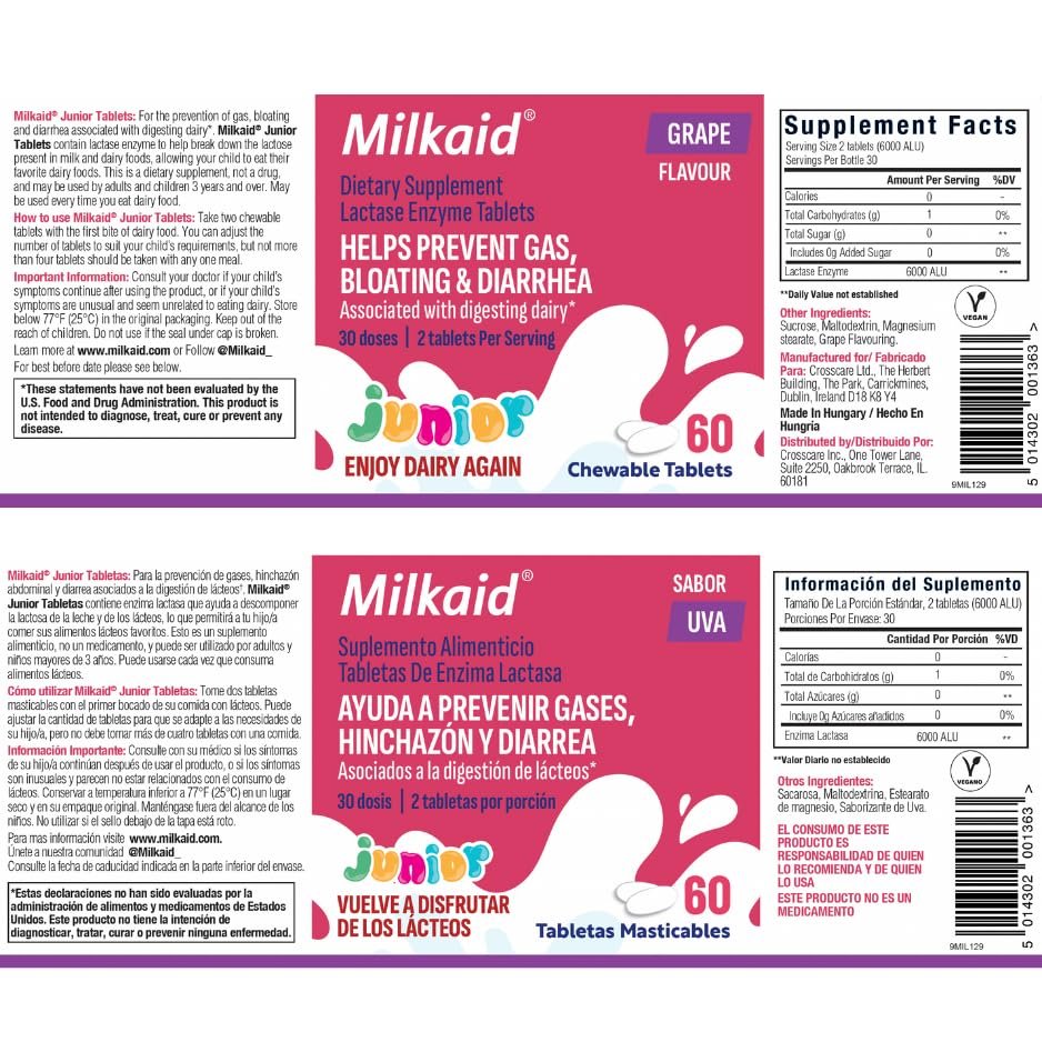Milkaid Junior Lactase Enzym Kautabletten für Kinder bei Laktoseintoleranz | Verhindert Blähungen, Bauchschmerzen, Durchfall | Schnell wirkendes Milchzucker-Verdauungspräparat für Kinder | 60 Stück (60 Tabletten, Traube)