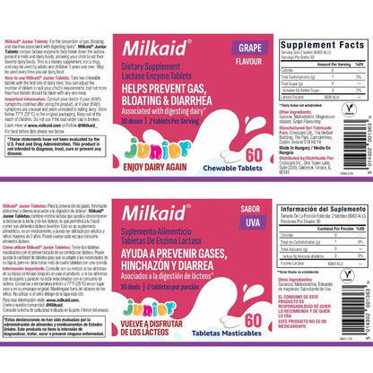 Milkaid Junior Lactase Enzym Kautabletten für Kinder bei Laktoseintoleranz | Verhindert Blähungen, Bauchschmerzen, Durchfall | Schnell wirkendes Milchzucker-Verdauungspräparat für Kinder | 60 Stück (60 Tabletten, Traube)