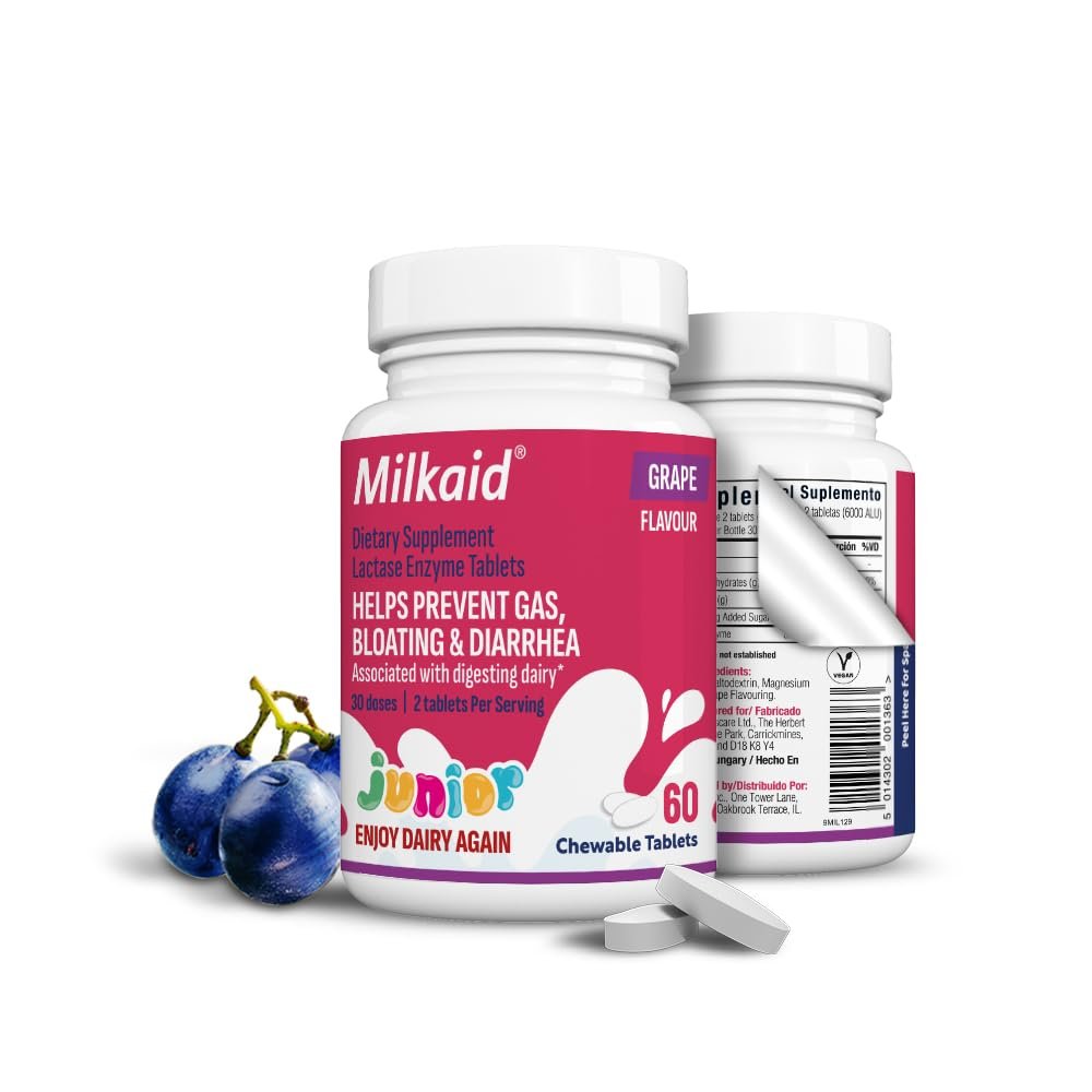 Milkaid Junior Lactase Enzym Kautabletten für Kinder bei Laktoseintoleranz | Verhindert Blähungen, Bauchschmerzen, Durchfall | Schnell wirkendes Milchzucker-Verdauungspräparat für Kinder | 60 Stück (60 Tabletten, Traube)