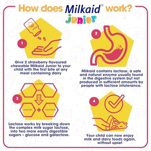 Milkaid Junior Lactase Enzym Kautabletten für Kinder bei Laktoseintoleranz | Verhindert Blähungen, Bauchschmerzen, Durchfall | Schnell wirkendes Milchzucker-Verdauungspräparat für Kinder | 60 Stück (60 Tabletten, Traube)