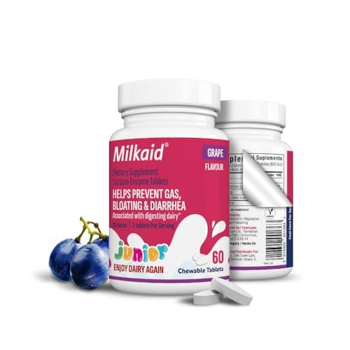 Milkaid Junior Lactase Enzym Kautabletten für Kinder bei Laktoseintoleranz | Verhindert Blähungen, Bauchschmerzen, Durchfall | Schnell wirkendes Milchzucker-Verdauungspräparat für Kinder | 60 Stück (60 Tabletten, Traube)