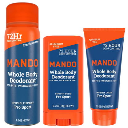 Mando Ganzkörper-Deodorant Mini Trio – Feststift, Unsichtbare Creme & Spray – 72h Geruchskontrolle – Aluminium- & Backpulverfrei, Hautfreundlich, Reisegröße für Männer – Pro Sport Duft