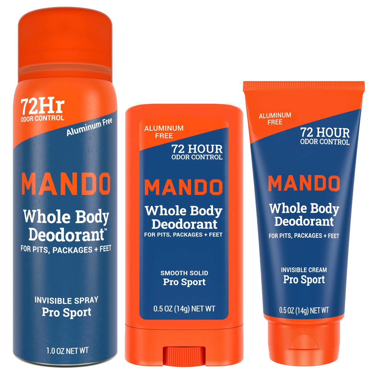 Mando Ganzkörper-Deodorant Mini Trio – Feststift, Unsichtbare Creme & Spray – 72h Geruchskontrolle – Aluminium- & Backpulverfrei, Hautfreundlich, Reisegröße für Männer – Pro Sport Duft