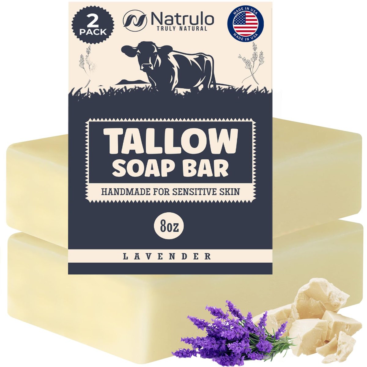 Beef Tallow Seife mit Lavendel – Natürliche Grassfed Tallow Seife für Gesicht & Körper – Feuchtigkeitsspendend bei Ekzemen, trockener & empfindlicher Haut – Handgefertigt in den USA (2er-Pack, 113 g pro Stück)