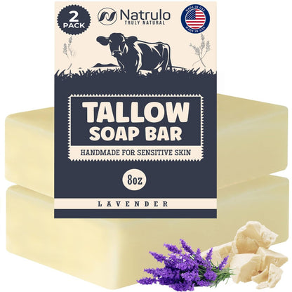 Beef Tallow Seife mit Lavendel – Natürliche Grassfed Tallow Seife für Gesicht & Körper – Feuchtigkeitsspendend bei Ekzemen, trockener & empfindlicher Haut – Handgefertigt in den USA (2er-Pack, 113 g pro Stück)
