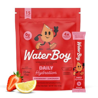 Waterboy Daily Hydration | 1.570 mg Elektrolyt-Pulver-Päckchen | Ohne Zucker, natürlich, glutenfrei, null Kalorien | 15 Trinkportionen (Erdbeer-Limonade)