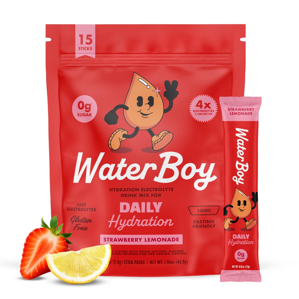Waterboy Daily Hydration | 1.570 mg Elektrolyt-Pulver-Päckchen | Ohne Zucker, natürlich, glutenfrei, null Kalorien | 15 Trinkportionen (Erdbeer-Limonade)