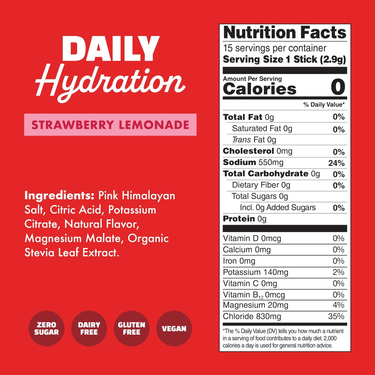 Waterboy Daily Hydration | 1.570 mg Elektrolyt-Pulver-Päckchen | Ohne Zucker, natürlich, glutenfrei, null Kalorien | 15 Trinkportionen (Erdbeer-Limonade)