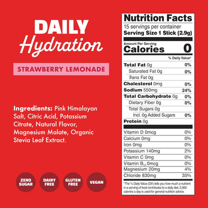 Waterboy Daily Hydration | 1.570 mg Elektrolyt-Pulver-Päckchen | Ohne Zucker, natürlich, glutenfrei, null Kalorien | 15 Trinkportionen (Erdbeer-Limonade)