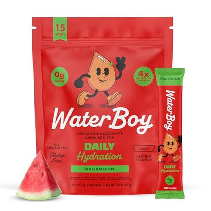 Waterboy Daily Hydration | 1.570 mg Elektrolyt-Pulver-Päckchen | Ohne Zucker, Natürlich, Glutenfrei, Null Kalorien | 15 Trinkmischungen (Wassermelone)