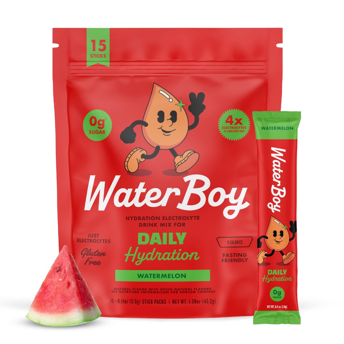 Waterboy Daily Hydration | 1.570 mg Elektrolyt-Pulver-Päckchen | Ohne Zucker, Natürlich, Glutenfrei, Null Kalorien | 15 Trinkmischungen (Wassermelone)