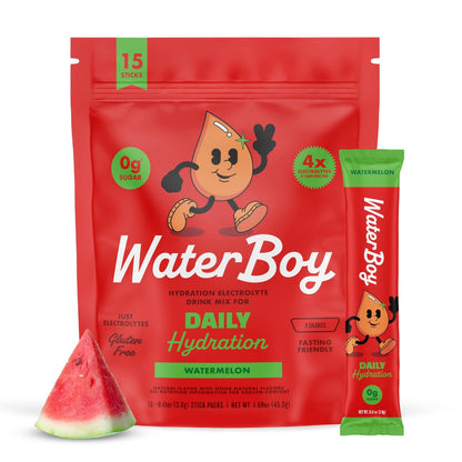 Waterboy Daily Hydration | 1.570 mg Elektrolyt-Pulver-Päckchen | Ohne Zucker, Natürlich, Glutenfrei, Null Kalorien | 15 Trinkmischungen (Wassermelone)
