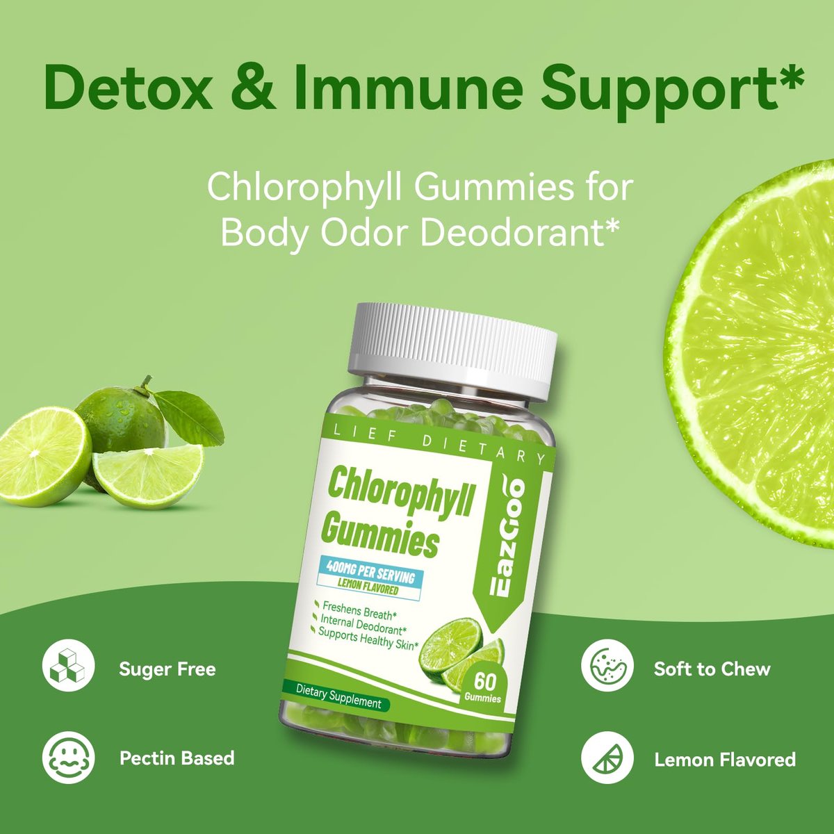 EAZGOO Chlorophyll Gummies – Zuckerfreie Chlorophyll Gummibärchen gegen Körpergeruch*, Immununterstützung für Frauen, Vegan, 60 Stück (Zitrone)