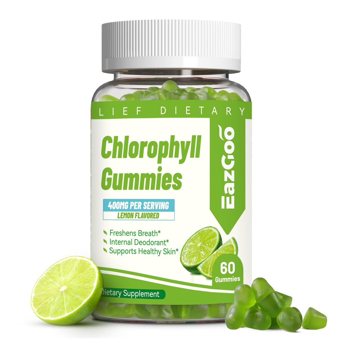EAZGOO Chlorophyll Gummies – Zuckerfreie Chlorophyll Gummibärchen gegen Körpergeruch*, Immununterstützung für Frauen, Vegan, 60 Stück (Zitrone)