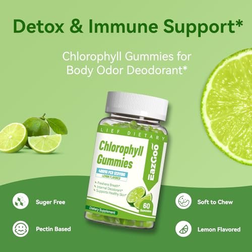 EAZGOO Chlorophyll Gummies – Zuckerfreie Chlorophyll Gummibärchen gegen Körpergeruch*, Immununterstützung für Frauen, Vegan, 60 Stück (Zitrone)