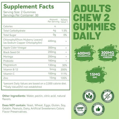 EAZGOO Chlorophyll Gummies – Zuckerfreie Chlorophyll Gummibärchen gegen Körpergeruch*, Immununterstützung für Frauen, Vegan, 60 Stück (Zitrone)