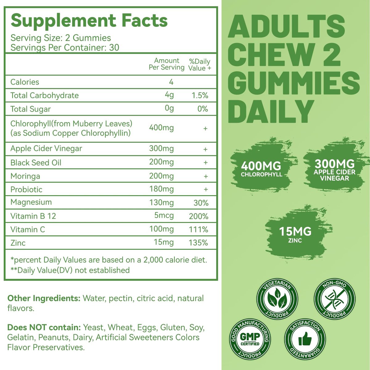EAZGOO Chlorophyll Gummies – Zuckerfreie Chlorophyll Gummibärchen gegen Körpergeruch*, Immununterstützung für Frauen, Vegan, 60 Stück (Zitrone)