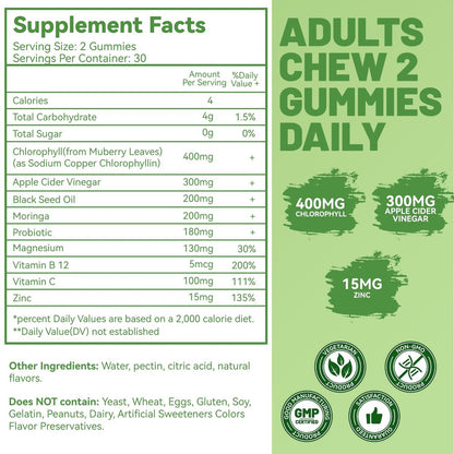 EAZGOO Chlorophyll Gummies – Zuckerfreie Chlorophyll Gummibärchen gegen Körpergeruch*, Immununterstützung für Frauen, Vegan, 60 Stück (Zitrone)