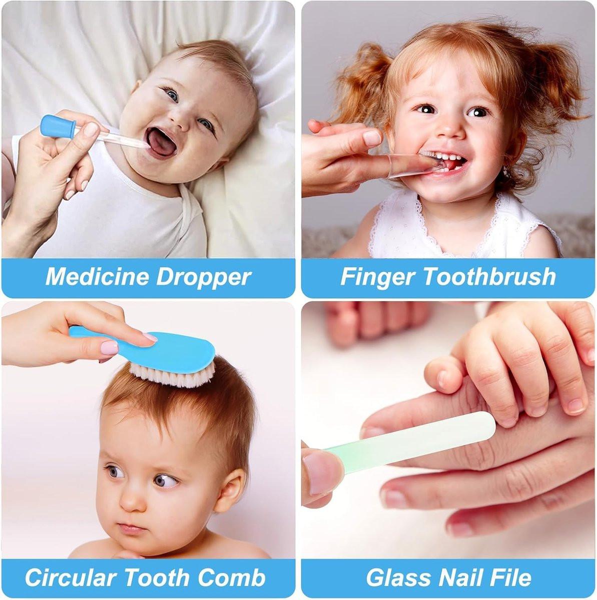 Baby Grooming Kit, Säuglingspflege-Set mit Haarbürste, Kamm, Nagelknipser, Nasensauger – Baby Essentials Set für Neugeborene Jungen Mädchen (Blau)
