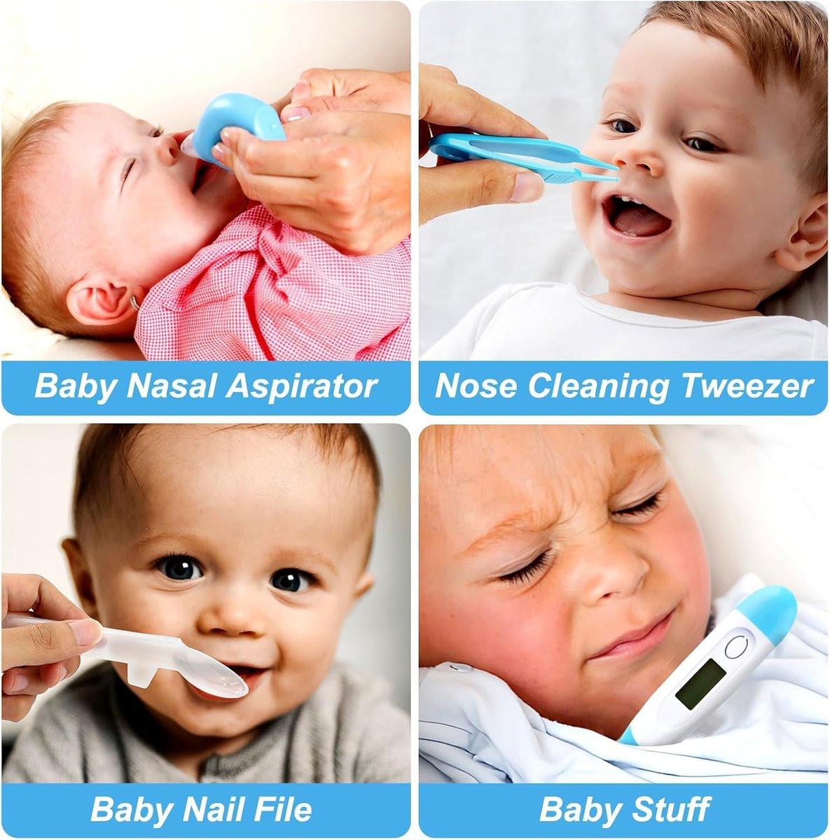 Baby Grooming Kit, Säuglingspflege-Set mit Haarbürste, Kamm, Nagelknipser, Nasensauger – Baby Essentials Set für Neugeborene Jungen Mädchen (Blau)