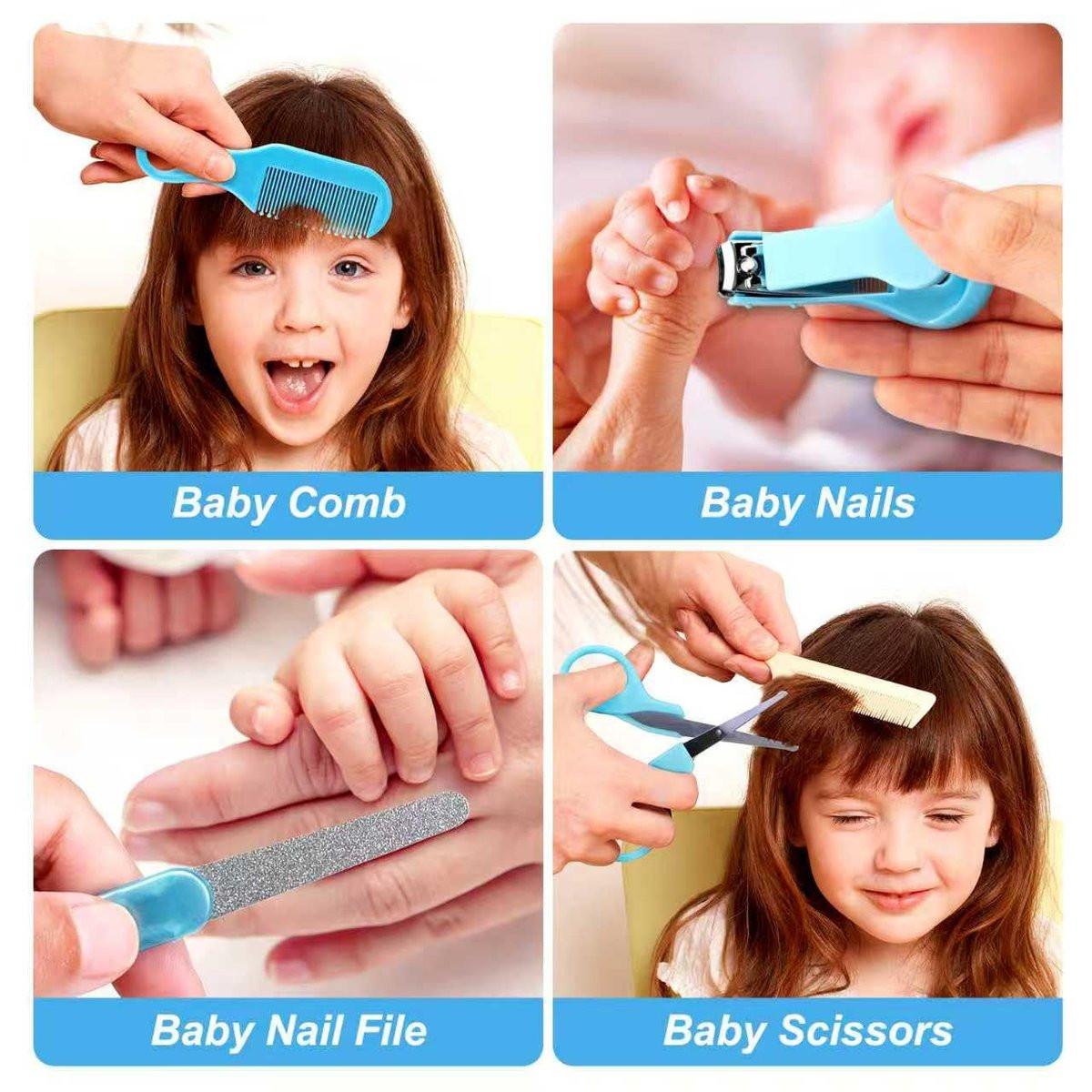 Baby Grooming Kit, Säuglingspflege-Set mit Haarbürste, Kamm, Nagelknipser, Nasensauger – Baby Essentials Set für Neugeborene Jungen Mädchen (Blau)