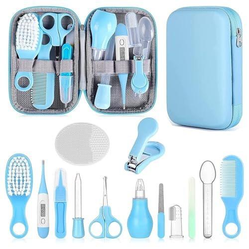 Baby Grooming Kit, Säuglingspflege-Set mit Haarbürste, Kamm, Nagelknipser, Nasensauger – Baby Essentials Set für Neugeborene Jungen Mädchen (Blau)