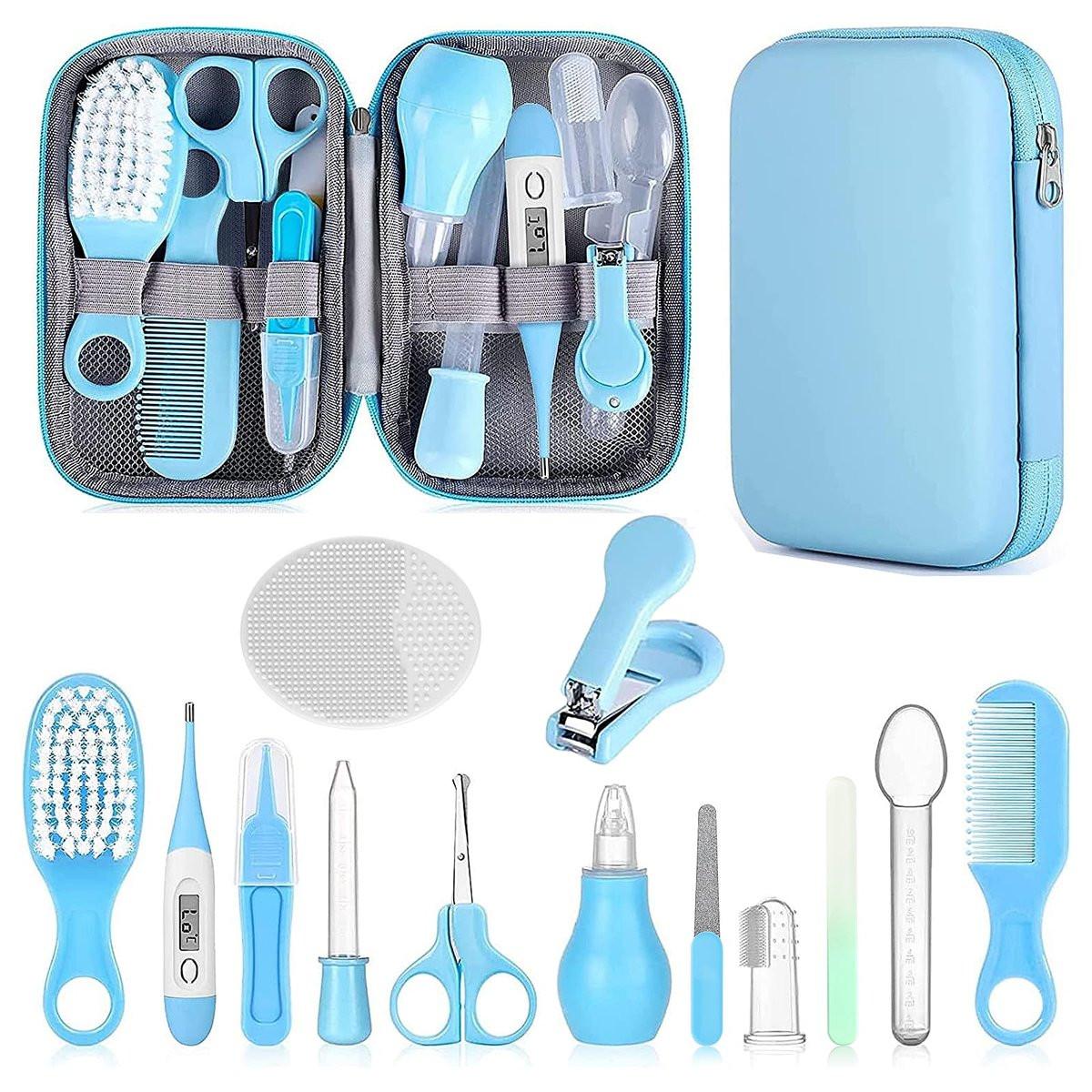 Baby Grooming Kit, Säuglingspflege-Set mit Haarbürste, Kamm, Nagelknipser, Nasensauger – Baby Essentials Set für Neugeborene Jungen Mädchen (Blau)