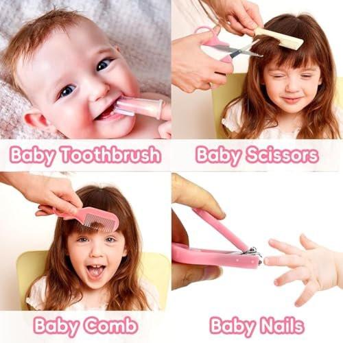 Baby Pflegeset für Neugeborene - Rosa, Sicherheits-Haarbürste, Kamm, Nagelknipser, Nasensauger, Geschenkset für Mädchen und Jungen