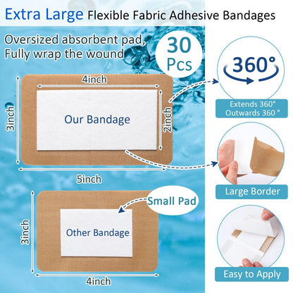 Geiserailie 30 Stück Flexible Extra Große Selbstklebende Wundverbände 5" x 3" Sterile Stoff-Pflaster mit nicht haftendem Pad, Latexfrei für die Wundversorgung