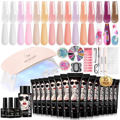 Poly Gel Nagel Set für Anfänger: 15 Farben Gel Verlängerungsnagel Set mit UV-Licht für Einsteiger, Alles für DIY Nagelkunst zu Hause, Weihnachtsgeschenk für Frauen und Mädchen