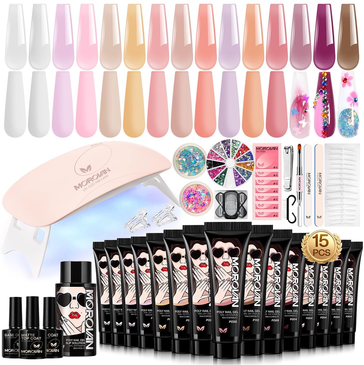 Poly Gel Nagel Set für Anfänger: 15 Farben Gel Verlängerungsnagel Set mit UV-Licht für Einsteiger, Alles für DIY Nagelkunst zu Hause, Weihnachtsgeschenk für Frauen und Mädchen
