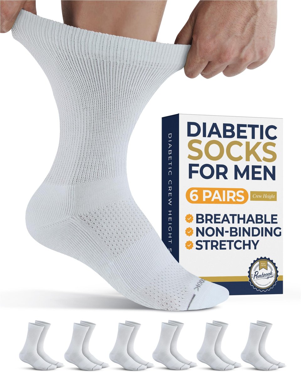 Pembrook Diabetikersocken - 6 Paar Socken für Damen und Herren, Größe 13-15, Weiß
