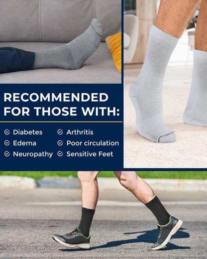 Pembrook Diabetikersocken für Herren – 6 Paar, Größe 13-15, für geschwollene Knöchel und Füße, Schwarz, Weiß, Grau