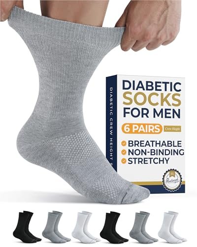 Pembrook Diabetikersocken für Herren – 6 Paar, Größe 13-15, für geschwollene Knöchel und Füße, Schwarz, Weiß, Grau