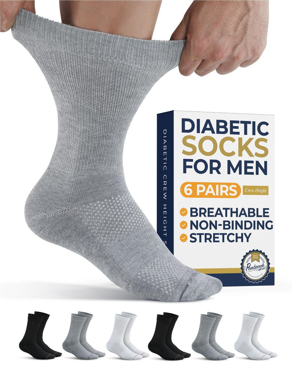 Pembrook Diabetikersocken für Herren – 6 Paar, Größe 13-15, für geschwollene Knöchel und Füße, Schwarz, Weiß, Grau
