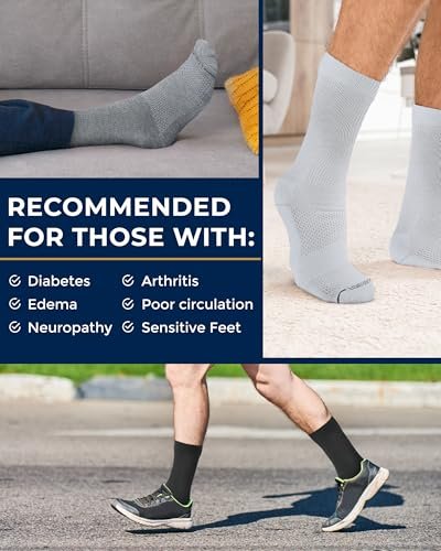 Pembrook Diabetikersocken für Herren – 6 Paar, Größe 13-15, für geschwollene Knöchel und Füße, Schwarz, Weiß, Grau