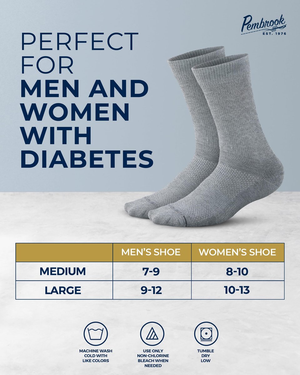 Pembrook Diabetikersocken für Herren – 6 Paar, Größe 13-15, für geschwollene Knöchel und Füße, Schwarz, Weiß, Grau