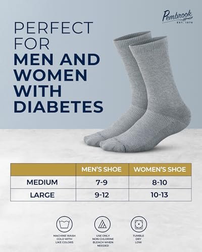 Pembrook Diabetikersocken für Herren – 6 Paar, Größe 13-15, für geschwollene Knöchel und Füße, Schwarz, Weiß, Grau