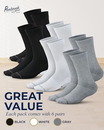 Pembrook Diabetikersocken für Herren – 6 Paar, Größe 13-15, für geschwollene Knöchel und Füße, Schwarz, Weiß, Grau