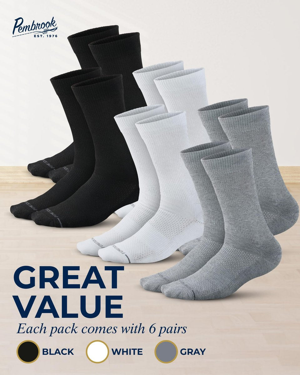 Pembrook Diabetikersocken für Herren – 6 Paar, Größe 13-15, für geschwollene Knöchel und Füße, Schwarz, Weiß, Grau