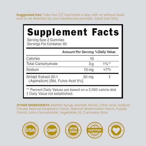 Shilajit Gummis für Männer & Frauen 1000 mg – Hochwirksame Goldqualität mit 85+ Spurenelementen & Fulvinsäure – Energie- & Immununterstützung – Laborgeprüft, Nicht-GVO, Vegan & Hergestellt in den USA (120 Gummis)