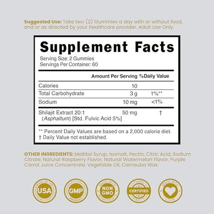 Shilajit Gummis für Männer & Frauen 1000 mg – Hochwirksame Goldqualität mit 85+ Spurenelementen & Fulvinsäure – Energie- & Immununterstützung – Laborgeprüft, Nicht-GVO, Vegan & Hergestellt in den USA (120 Gummis)