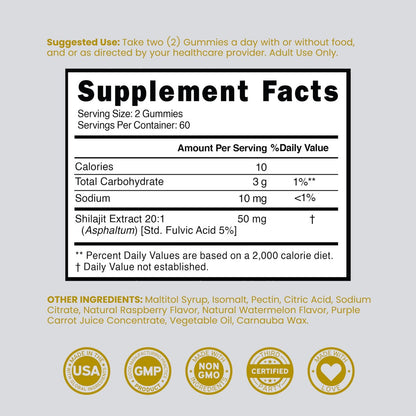 Shilajit Gummis für Männer & Frauen 1000 mg – Hochwirksame Goldqualität mit 85+ Spurenelementen & Fulvinsäure – Energie- & Immununterstützung – Laborgeprüft, Nicht-GVO, Vegan & Hergestellt in den USA (120 Gummis)