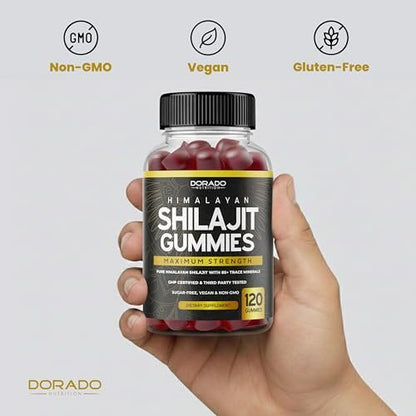 Shilajit Gummis für Männer & Frauen 1000 mg – Hochwirksame Goldqualität mit 85+ Spurenelementen & Fulvinsäure – Energie- & Immununterstützung – Laborgeprüft, Nicht-GVO, Vegan & Hergestellt in den USA (120 Gummis)