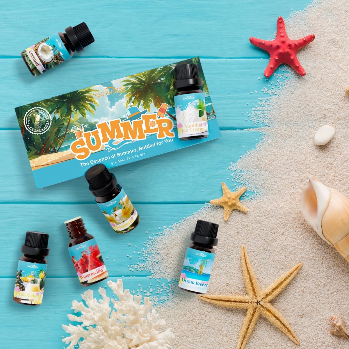 SNOWSEN Sommer Ätherische Öle Set für Diffuser zu Hause Premium Duftöle - Enthält Wassermelone, Kokosnuss, Meeresbrise, Plumeria, Vanilleeis & Piña Colada, Kerzenherstellungsdüfte, 6x10ml