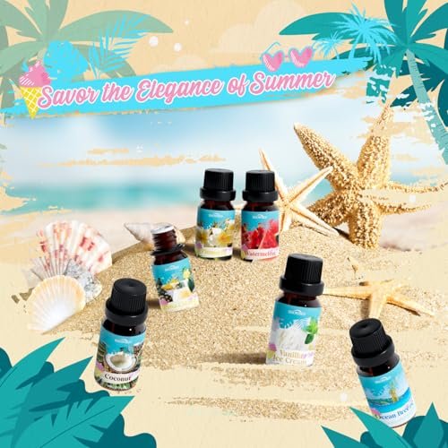 SNOWSEN Sommer Ätherische Öle Set für Diffuser zu Hause Premium Duftöle - Enthält Wassermelone, Kokosnuss, Meeresbrise, Plumeria, Vanilleeis & Piña Colada, Kerzenherstellungsdüfte, 6x10ml