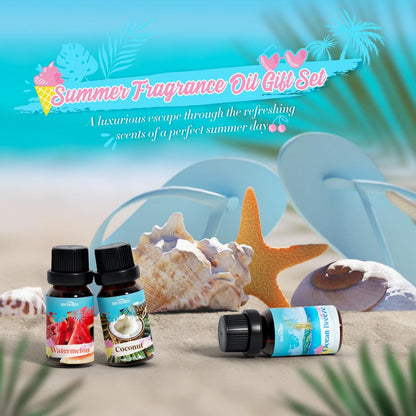 SNOWSEN Sommer Ätherische Öle Set für Diffuser zu Hause Premium Duftöle - Enthält Wassermelone, Kokosnuss, Meeresbrise, Plumeria, Vanilleeis & Piña Colada, Kerzenherstellungsdüfte, 6x10ml